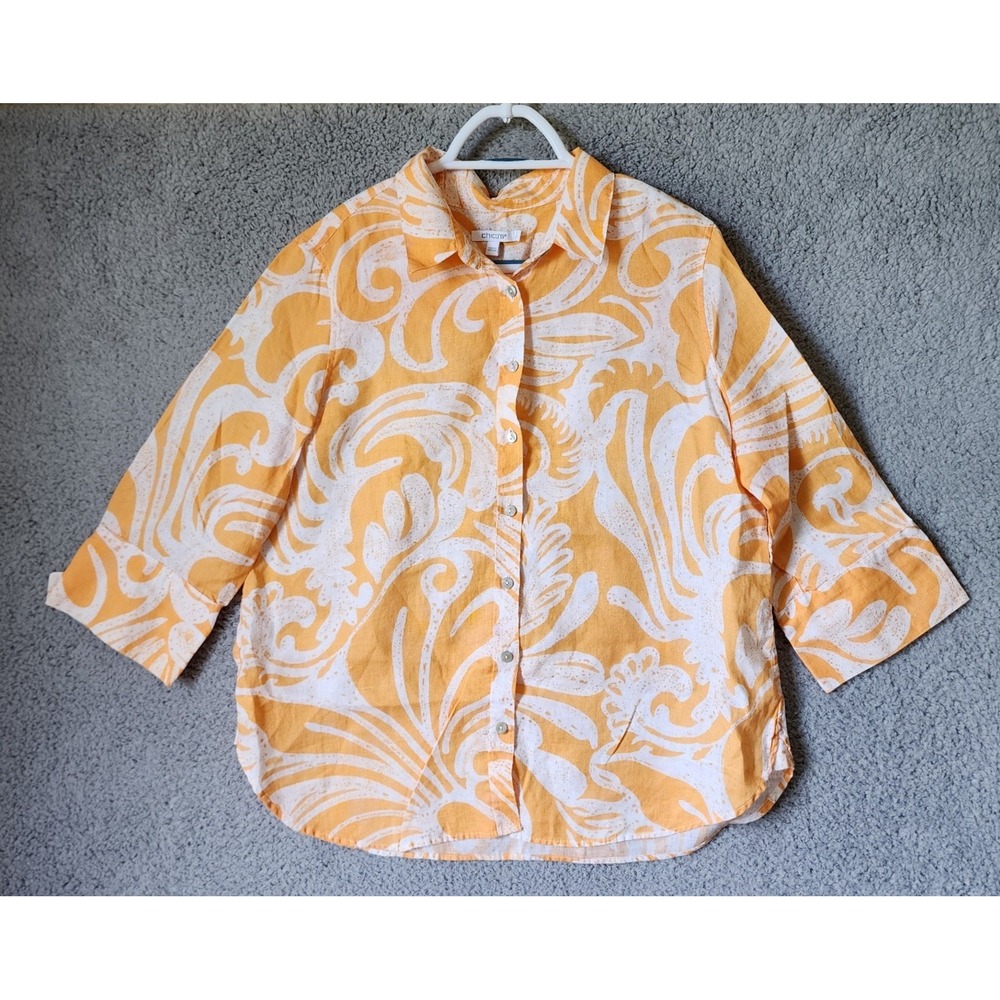 Chico's‎ Button Down Shirt Womens 2 (L/12) Orange Abstract 100% Linen 3/4 Sleeve